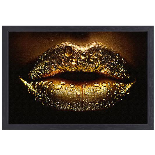 Gouden Glitters en Druppels op Donkere Lippen canvas met baklijst