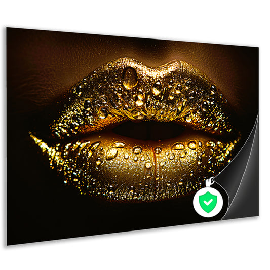 Gouden Glitters en Druppels op Donkere Lippen poster