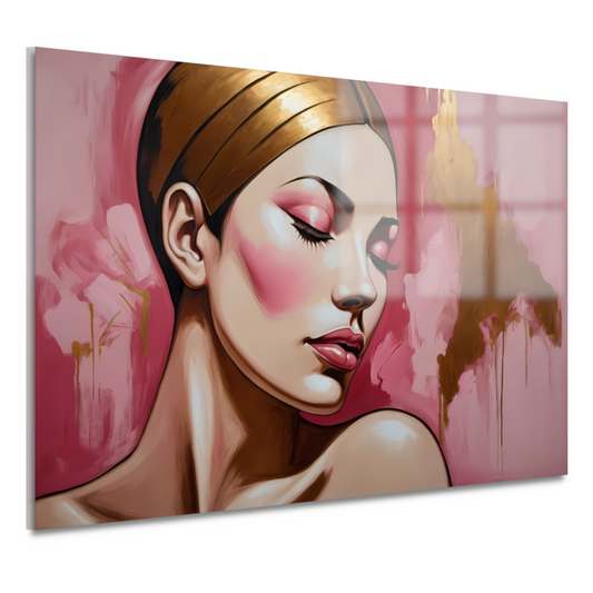 Dame met gesloten ogen in gouden gloed acrylglas