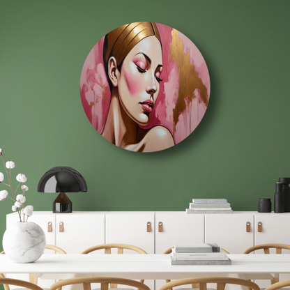 Dame met gesloten ogen in gouden gloed aluminium muurcirkel