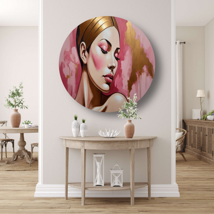 Dame met gesloten ogen in gouden gloed aluminium muurcirkel