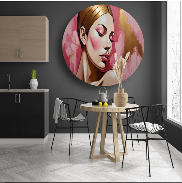Dame met gesloten ogen in gouden gloed aluminium muurcirkel