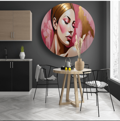 Dame met gesloten ogen in gouden gloed aluminium muurcirkel