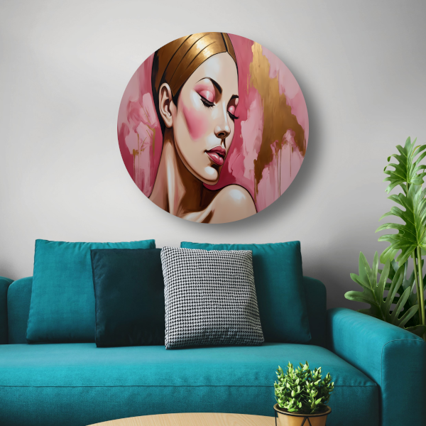Dame met gesloten ogen in gouden gloed aluminium muurcirkel