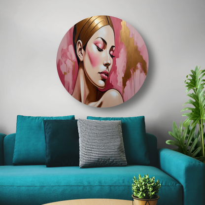 Dame met gesloten ogen in gouden gloed aluminium muurcirkel