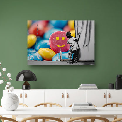 Jongen bewondert kleurrijke straatkunst muurschildering acrylglas