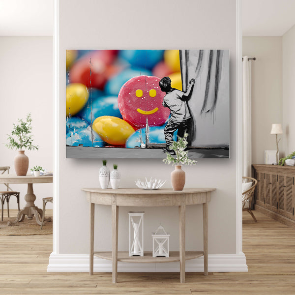 Jongen bewondert kleurrijke straatkunst muurschildering canvas met baklijst