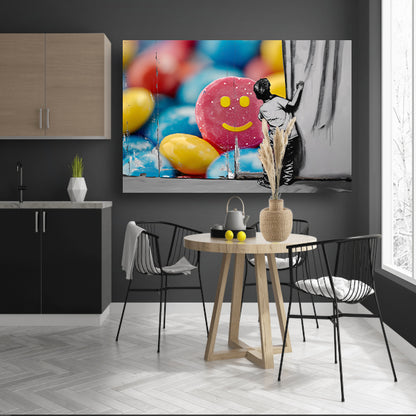 Jongen bewondert kleurrijke straatkunst muurschildering acrylglas
