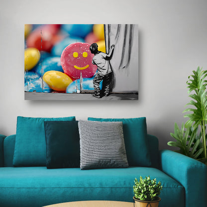 Jongen bewondert kleurrijke straatkunst muurschildering acrylglas