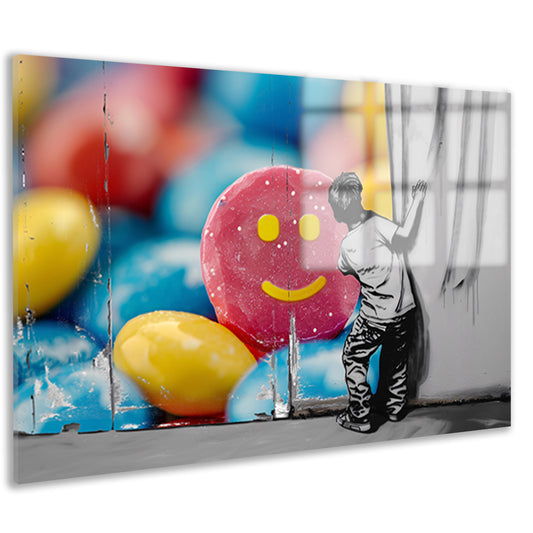 Jongen bewondert kleurrijke straatkunst muurschildering acrylglas