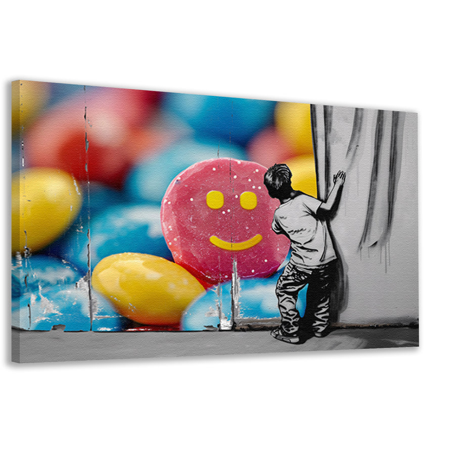Jongen bewondert kleurrijke straatkunst muurschildering canvas