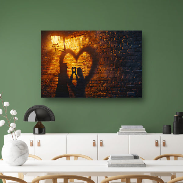 Romantische schaduwkunst onder straatlantaarn canvas