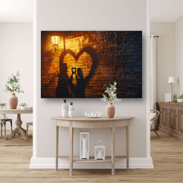 Romantische schaduwkunst onder straatlantaarn canvas