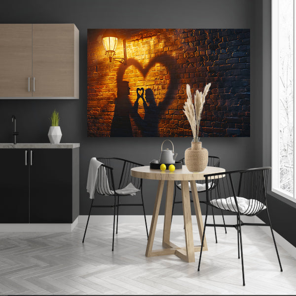 Romantische schaduwkunst onder straatlantaarn canvas