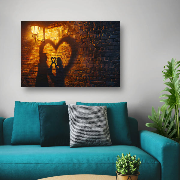 Romantische schaduwkunst onder straatlantaarn canvas