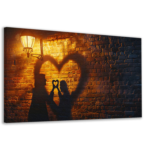 Romantische schaduwkunst onder straatlantaarn canvas