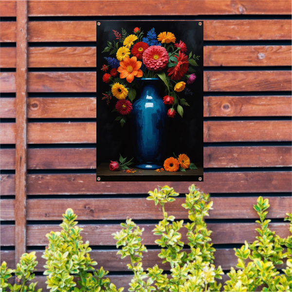 Boeket in Blauwe Vaas op Zwarte Achtergrond tuinposter