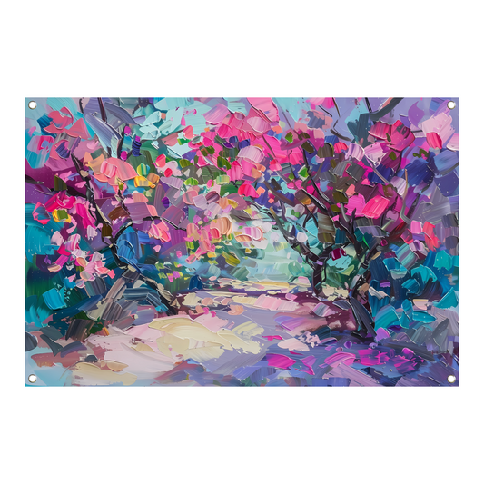 Abstract schilderij van kleurrijke bloemen en bomen tuinposter