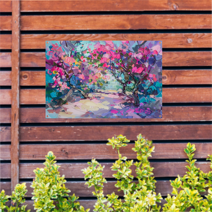 Abstract schilderij van kleurrijke bloemen en bomen tuinposter