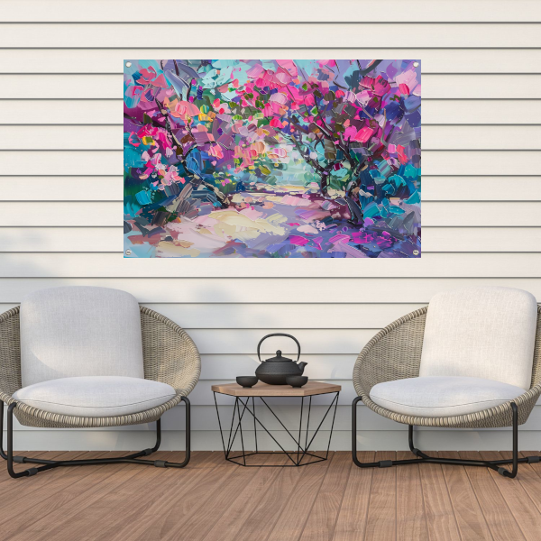 Abstract schilderij van kleurrijke bloemen en bomen tuinposter