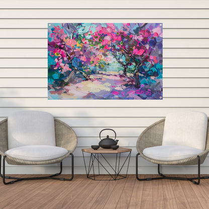 Abstract schilderij van kleurrijke bloemen en bomen tuinposter