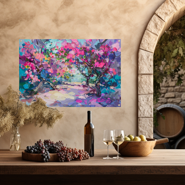Abstract schilderij van kleurrijke bloemen en bomen tuinposter