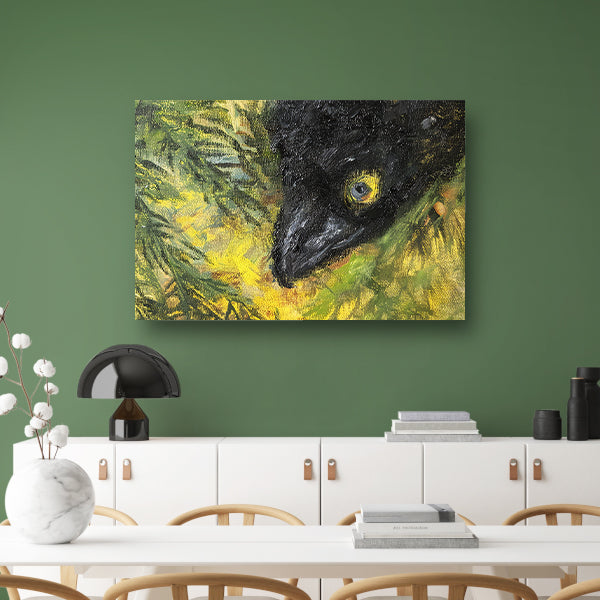 Abstracte vogel in levendige kleuren en bladeren canvas met baklijst