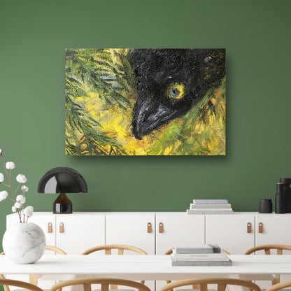 Abstracte vogel in levendige kleuren en bladeren canvas met baklijst