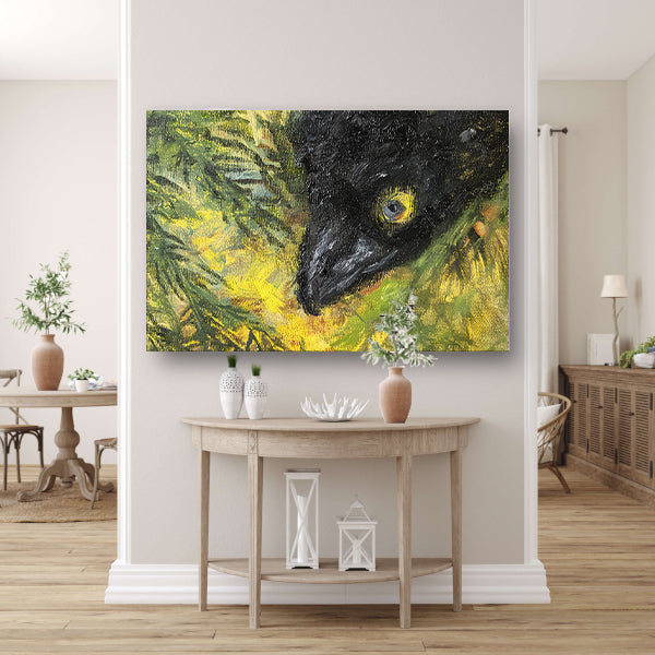 Abstracte vogel in levendige kleuren en bladeren canvas met baklijst