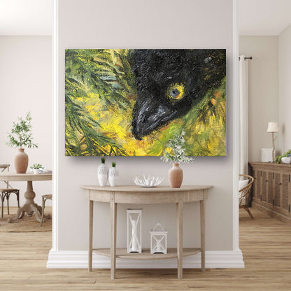 Abstracte vogel in levendige kleuren en bladeren canvas met baklijst