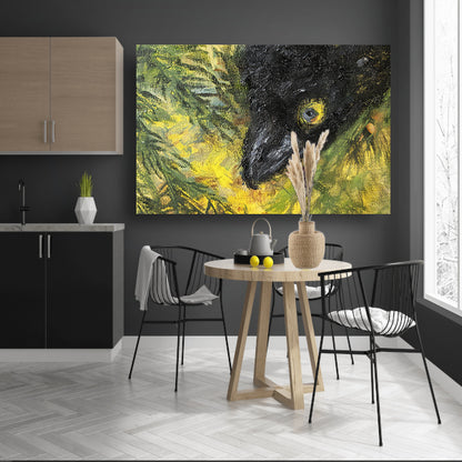 Abstracte vogel in levendige kleuren en bladeren canvas met baklijst