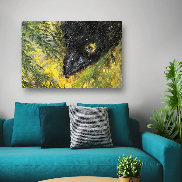 Abstracte vogel in levendige kleuren en bladeren canvas met baklijst