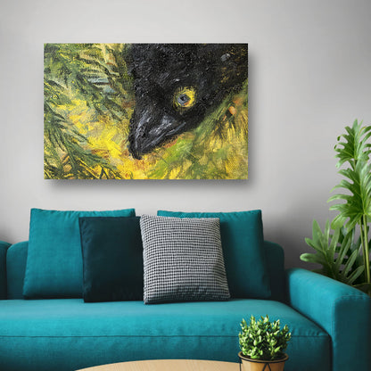 Abstracte vogel in levendige kleuren en bladeren canvas met baklijst