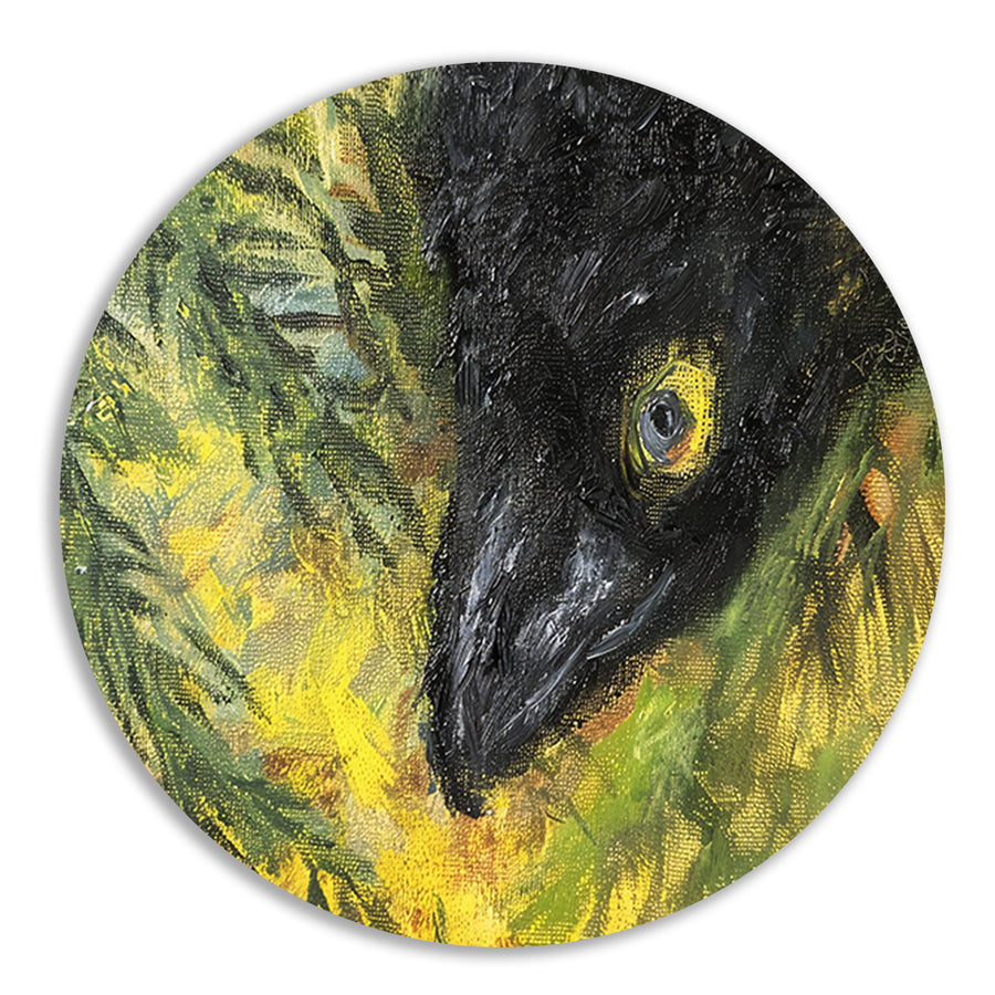 Abstracte vogel in levendige kleuren en bladeren aluminium muurcirkel