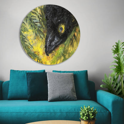 Abstracte vogel in levendige kleuren en bladeren forex muurcirkel
