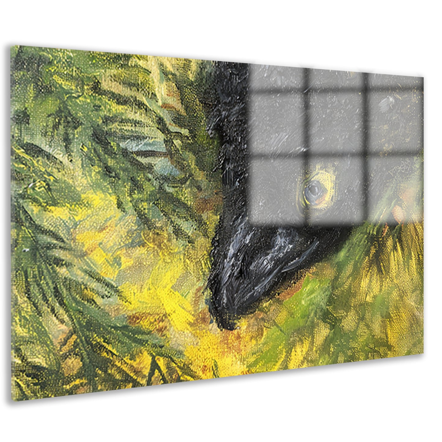 Abstracte vogel in levendige kleuren en bladeren acrylglas