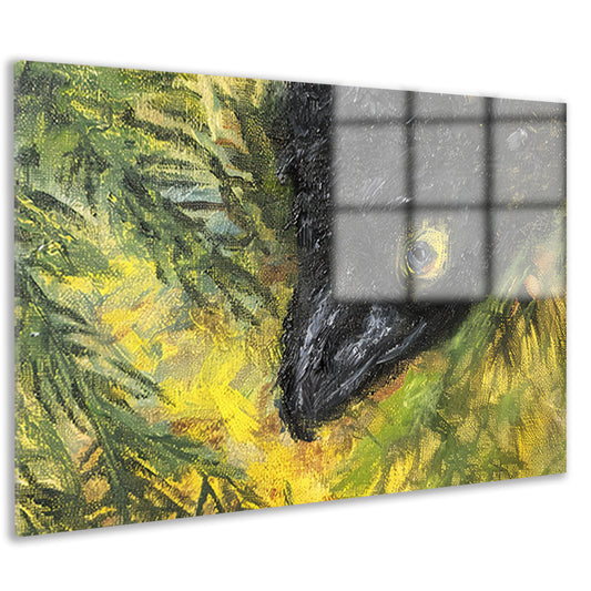 Abstracte vogel in levendige kleuren en bladeren acrylglas