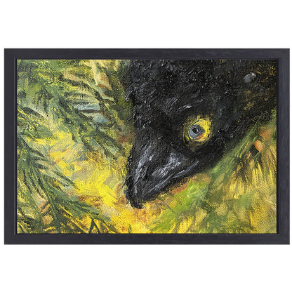 Abstracte vogel in levendige kleuren en bladeren canvas met baklijst