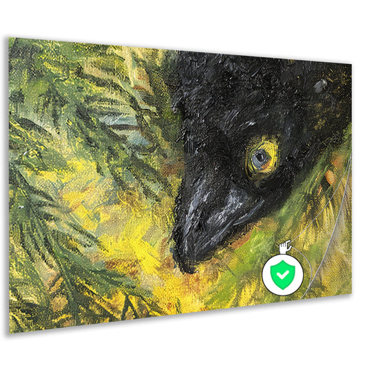 Abstracte vogel in levendige kleuren en bladeren poster