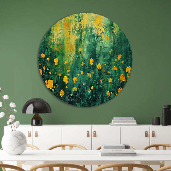 Kleurrijk bloemenveld in popart stijl aluminium muurcirkel