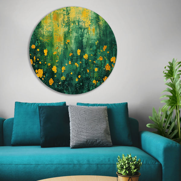Kleurrijk bloemenveld in popart stijl aluminium muurcirkel