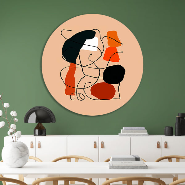 Abstracte Vormen en Lijnen in Oranje en Zwart aluminium muurcirkel
