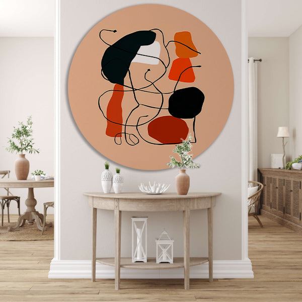 Abstracte Vormen en Lijnen in Oranje en Zwart aluminium muurcirkel