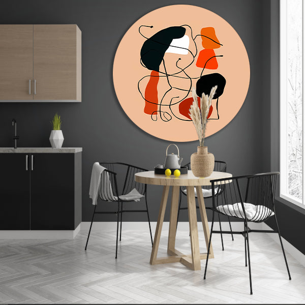 Abstracte Vormen en Lijnen in Oranje en Zwart aluminium muurcirkel