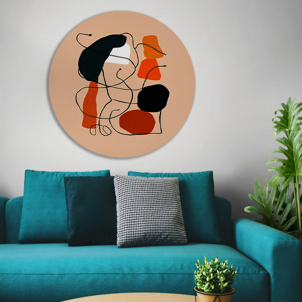 Abstracte Vormen en Lijnen in Oranje en Zwart aluminium muurcirkel