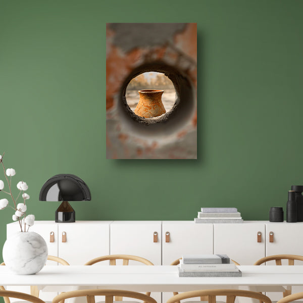 Oude vaas in stenen raam acrylglas