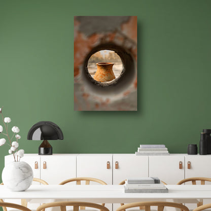 Oude vaas in stenen raam acrylglas