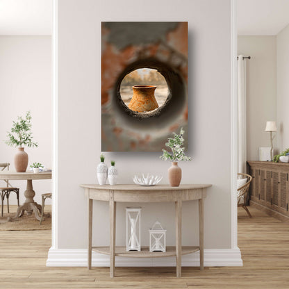 Oude vaas in stenen raam canvas