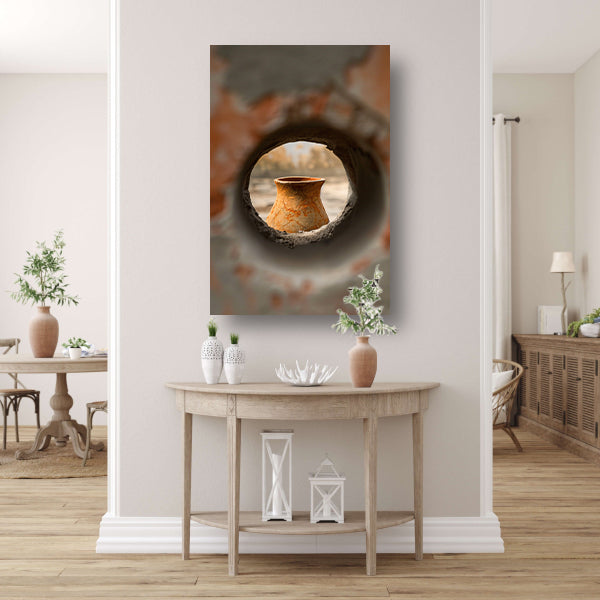 Oude vaas in stenen raam acrylglas