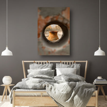 Oude vaas in stenen raam acrylglas
